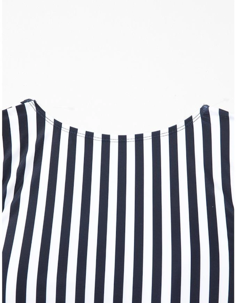 Black Stripe Plus Size Knot Cutout Ruffle Sleeve and High Waisted 2pcs Swimsuit