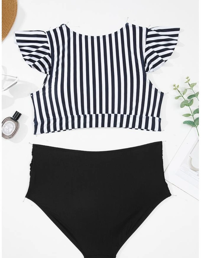Black Stripe Plus Size Knot Cutout Ruffle Sleeve and High Waisted 2pcs Swimsuit