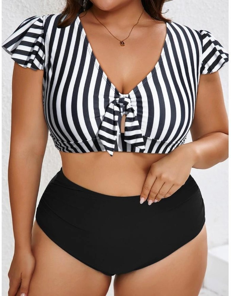 Black Stripe Plus Size Knot Cutout Ruffle Sleeve and High Waisted 2pcs Swimsuit