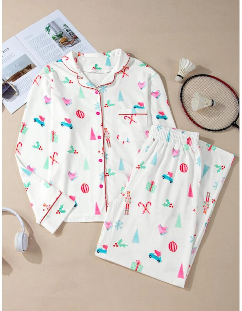 White Christmas Print Lapel Shirt and Pants Sleepwear