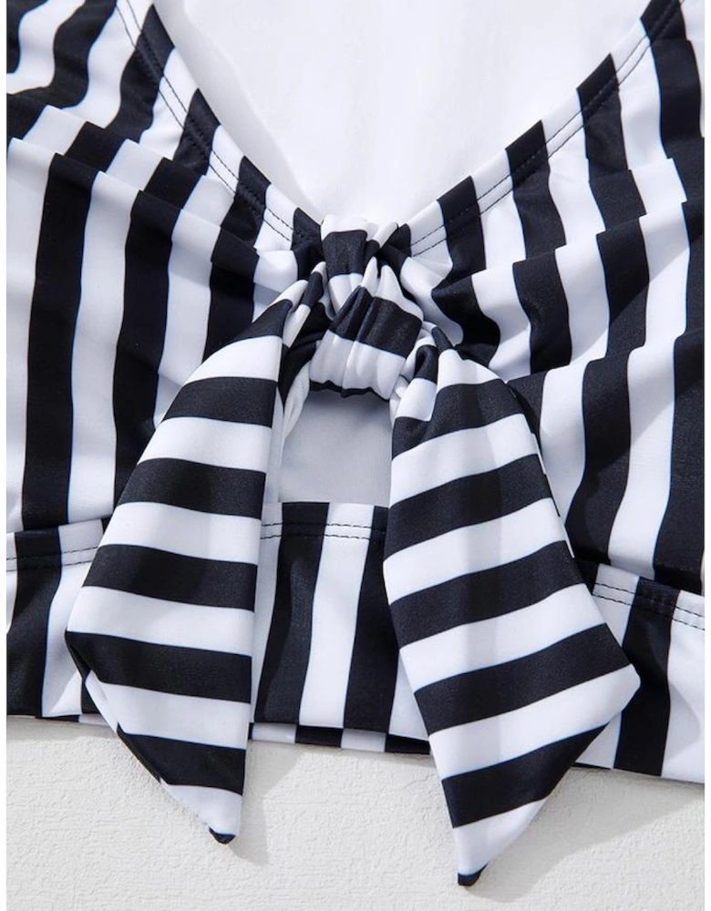 Black Stripe Plus Size Knot Cutout Ruffle Sleeve and High Waisted 2pcs Swimsuit