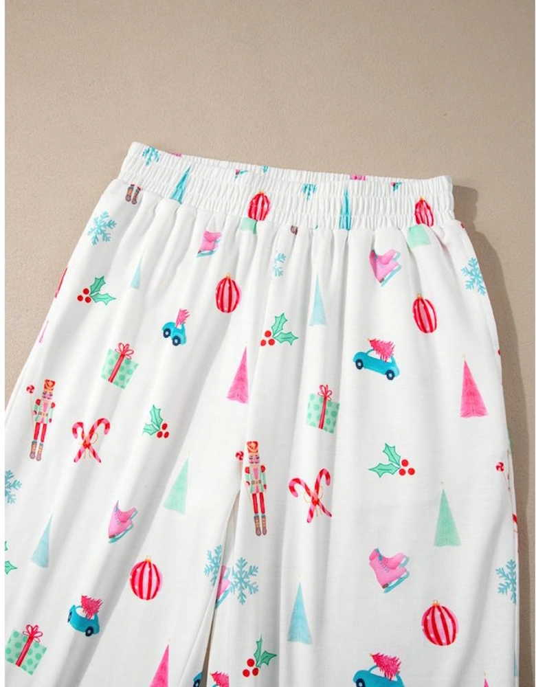 White Christmas Print Lapel Shirt and Pants Sleepwear