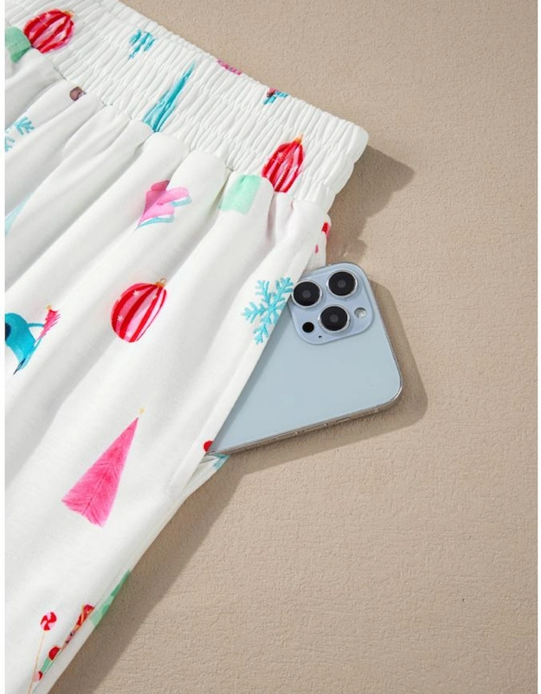 White Christmas Print Lapel Shirt and Pants Sleepwear