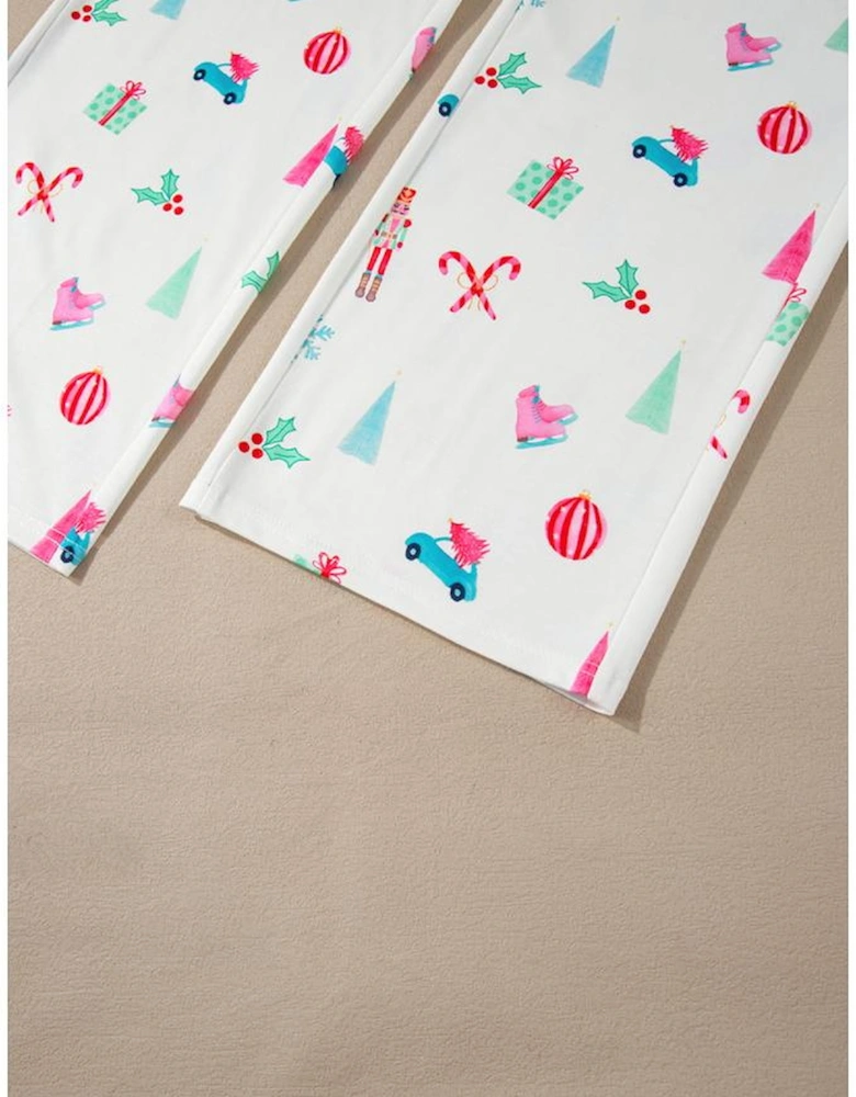 White Christmas Print Lapel Shirt and Pants Sleepwear