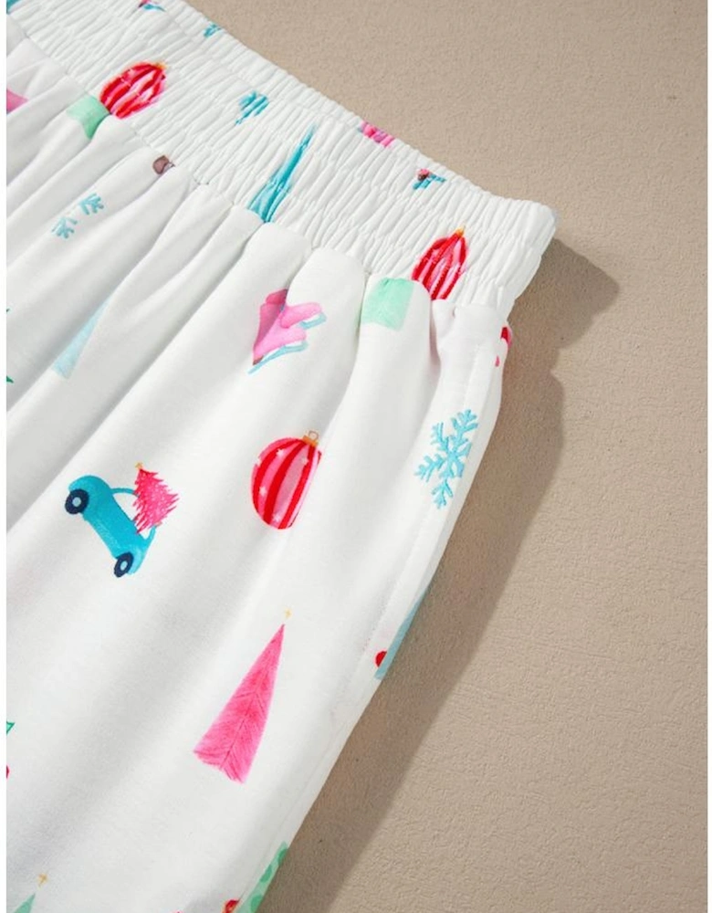 White Christmas Print Lapel Shirt and Pants Sleepwear