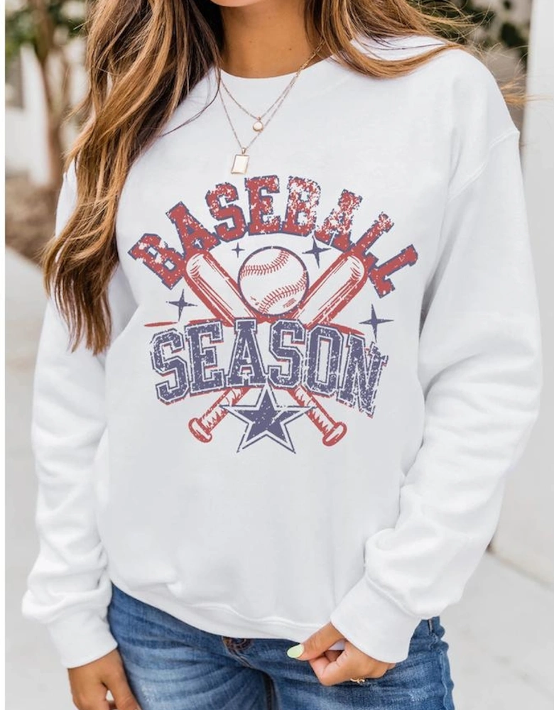 White BASEBALL SEASON Vintage Print Graphic Sweatshirt
