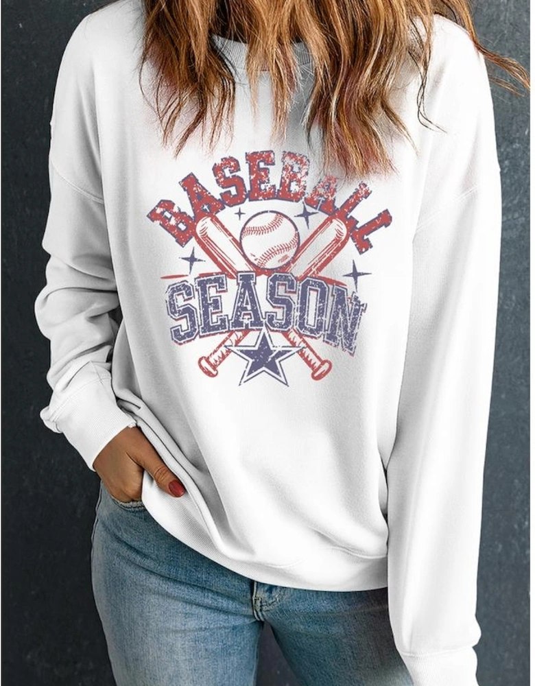 White BASEBALL SEASON Vintage Print Graphic Sweatshirt