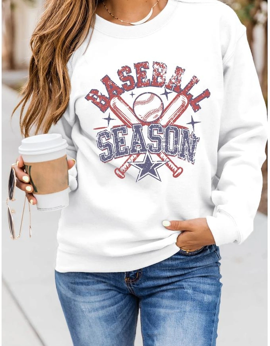 White BASEBALL SEASON Vintage Print Graphic Sweatshirt, 7 of 6