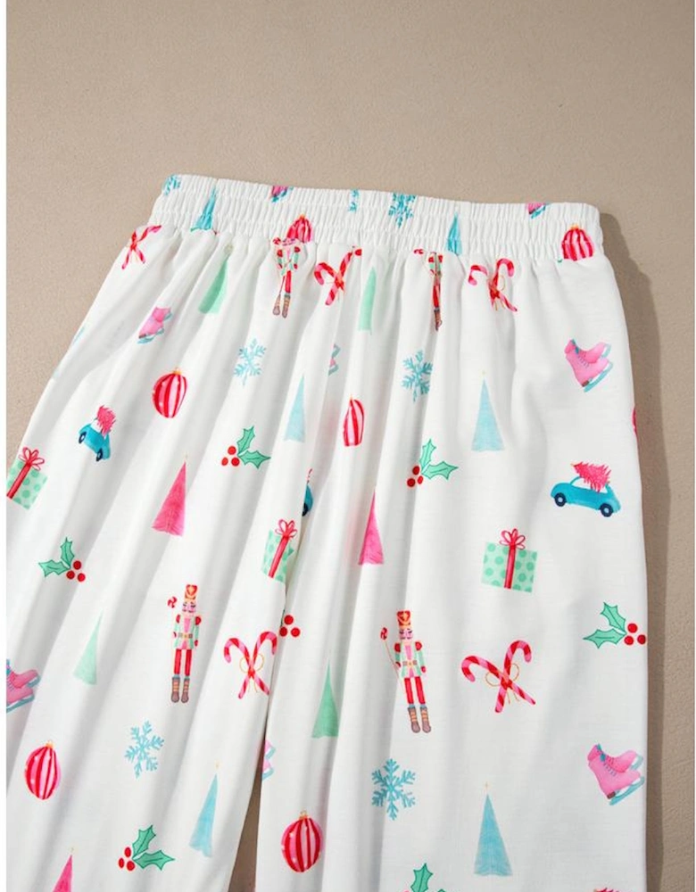 White Christmas Print Lapel Shirt and Pants Sleepwear