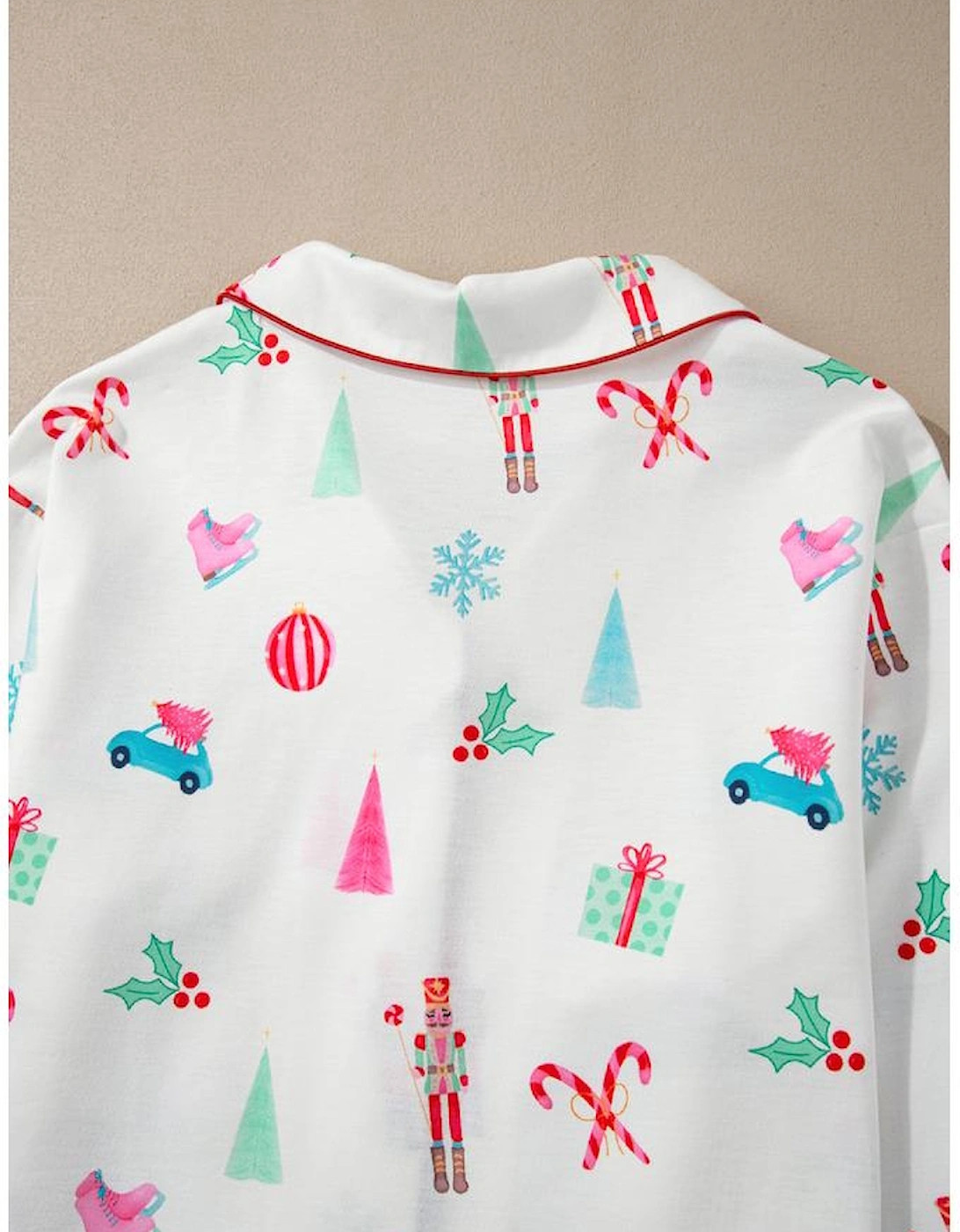 White Christmas Print Lapel Shirt and Pants Sleepwear