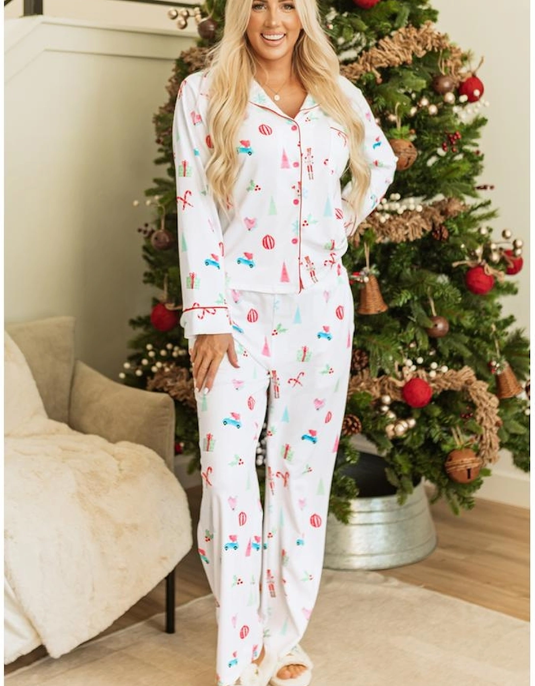 White Christmas Print Lapel Shirt and Pants Sleepwear