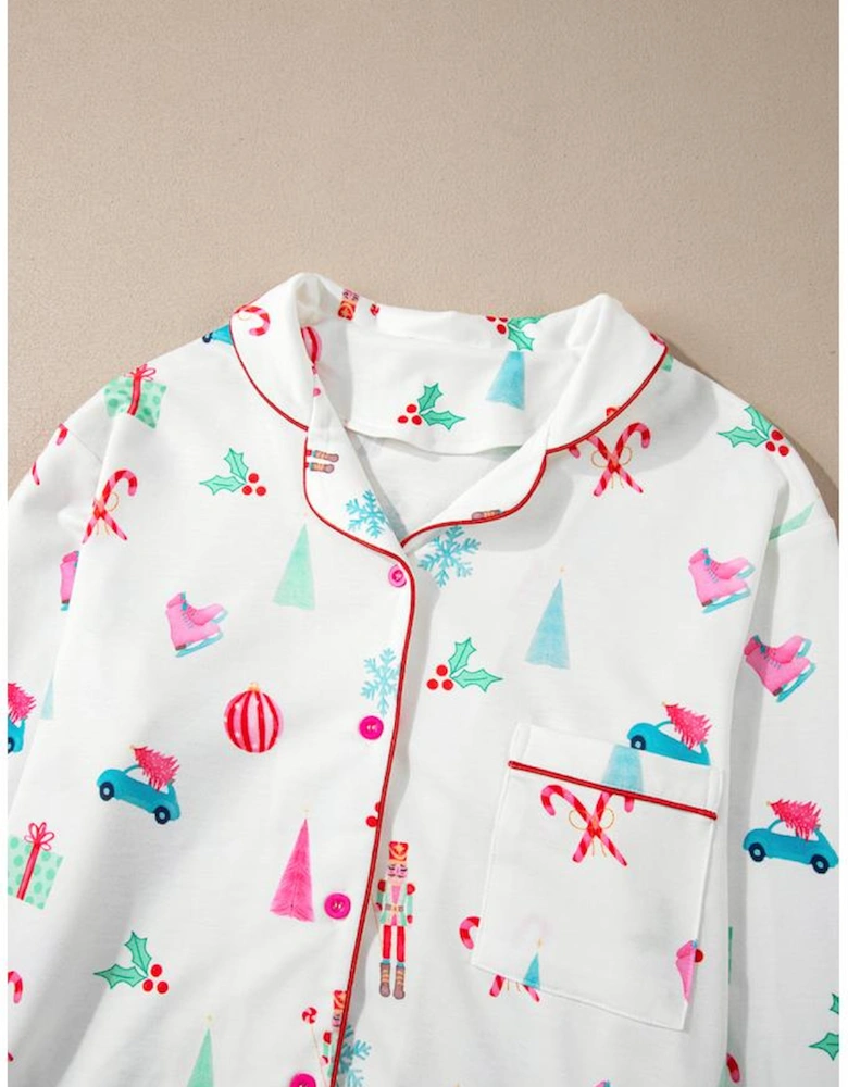 White Christmas Print Lapel Shirt and Pants Sleepwear