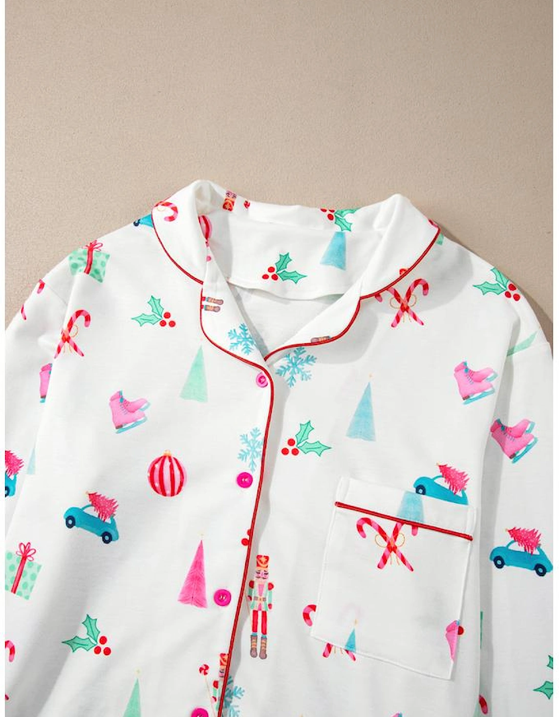 White Christmas Print Lapel Shirt and Pants Sleepwear