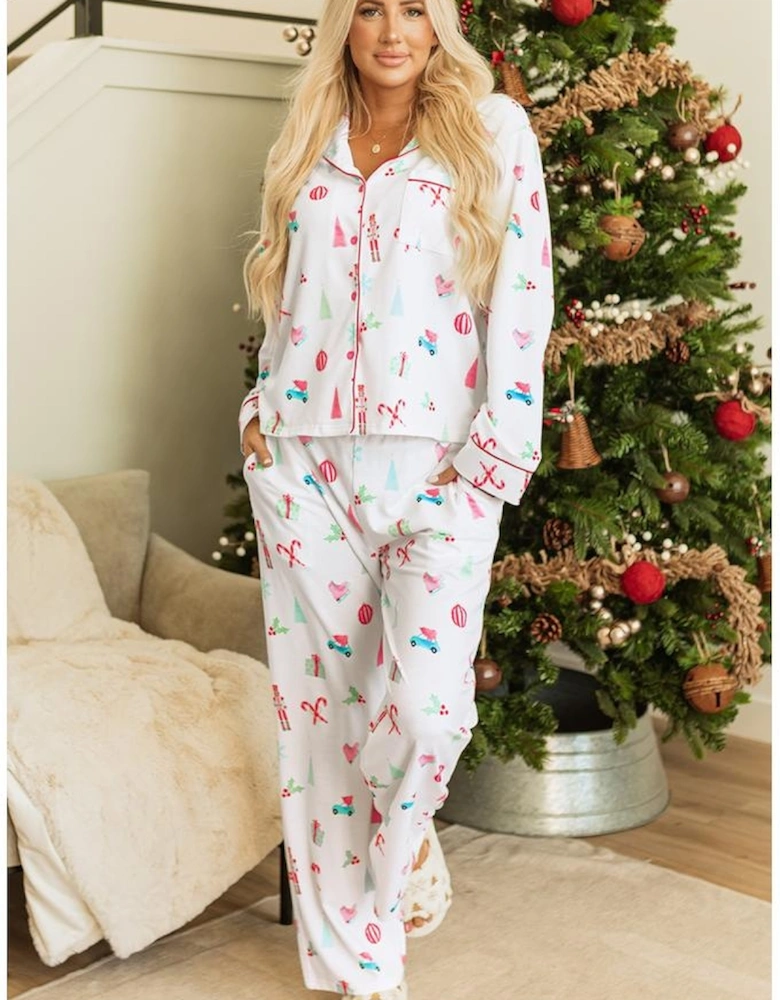 White Christmas Print Lapel Shirt and Pants Sleepwear