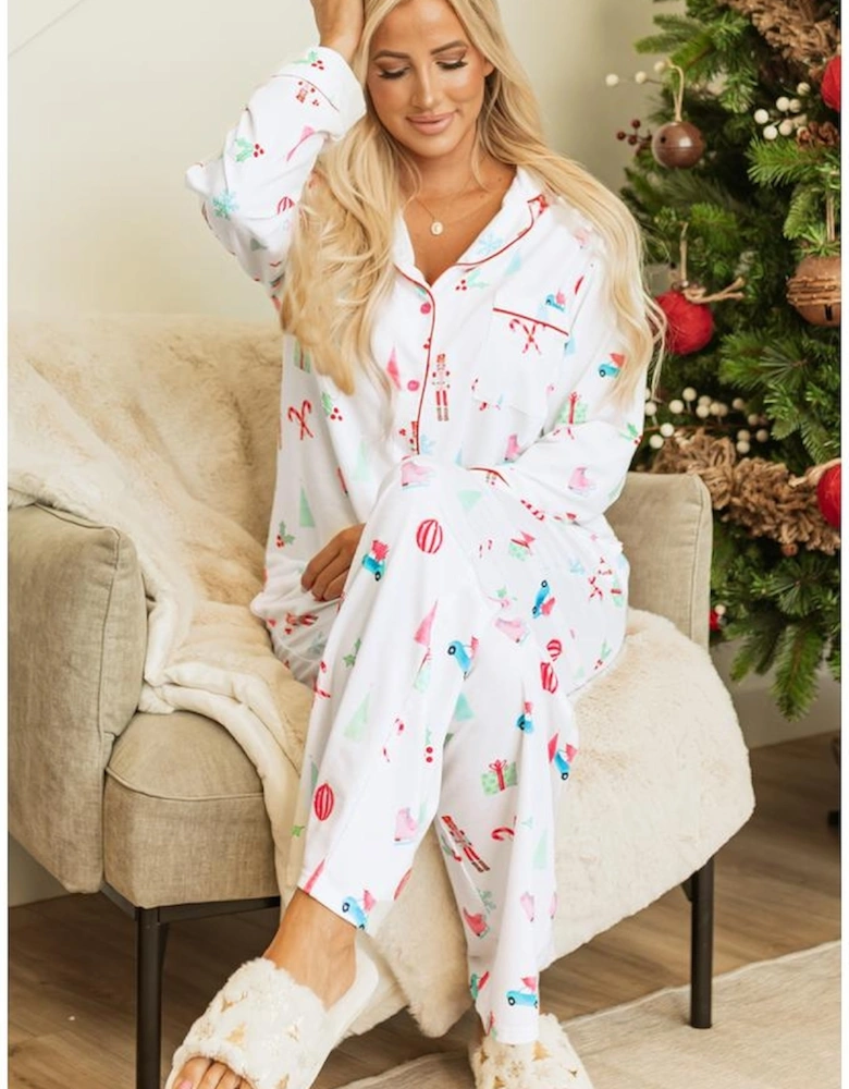 White Christmas Print Lapel Shirt and Pants Sleepwear