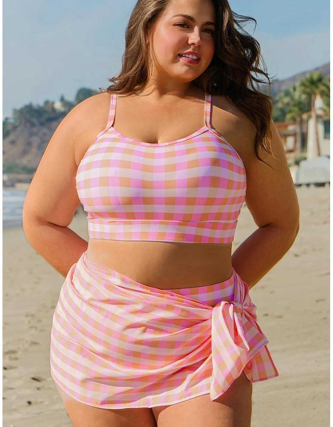 Pink Plus Size Plaid Print High Waist Bikini Set