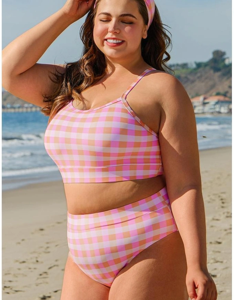 Pink Plus Size Plaid Print High Waist Bikini Set