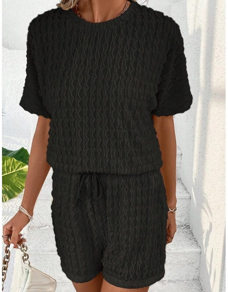 Black Frill Textured Short Sleeve Top and Drawstring Shorts Set