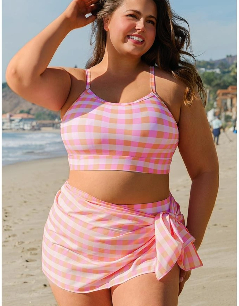 Pink Plus Size Plaid Print High Waist Bikini Set