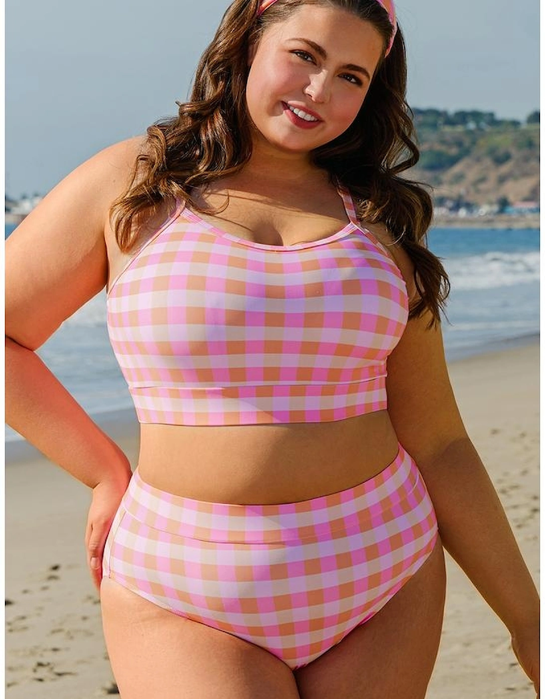 Pink Plus Size Plaid Print High Waist Bikini Set