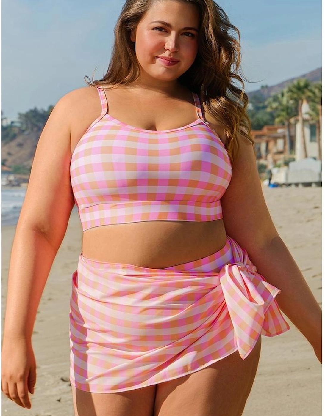 Pink Plus Size Plaid Print High Waist Bikini Set