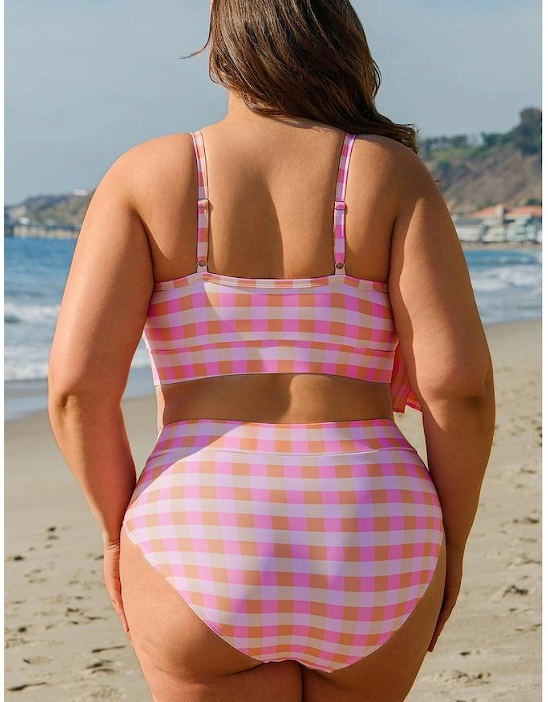 Pink Plus Size Plaid Print High Waist Bikini Set, 16 of 15