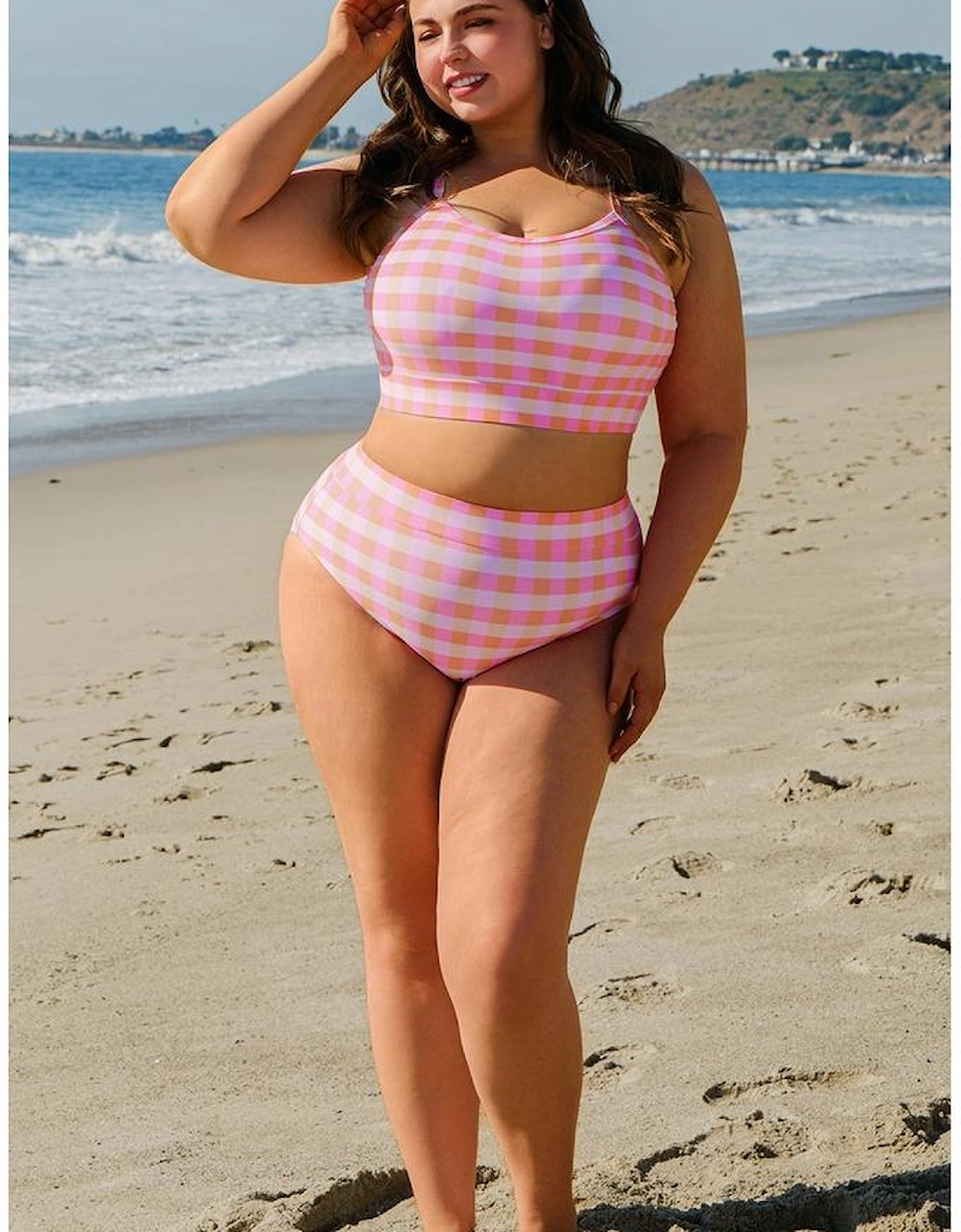 Pink Plus Size Plaid Print High Waist Bikini Set