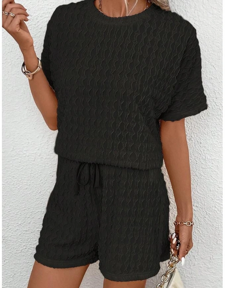 Black Frill Textured Short Sleeve Top and Drawstring Shorts Set