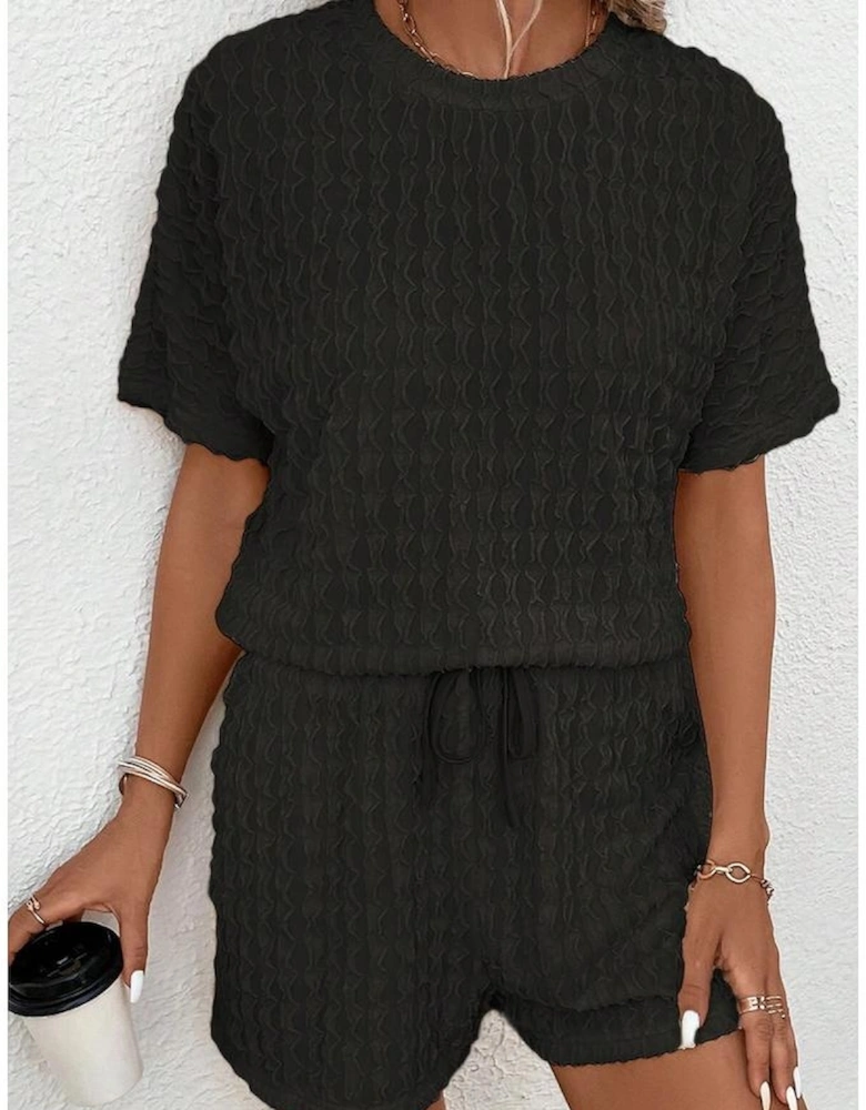 Black Frill Textured Short Sleeve Top and Drawstring Shorts Set