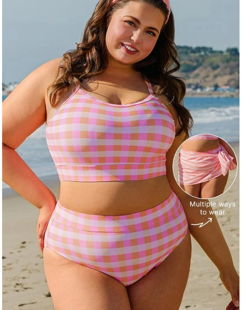 Pink Plus Size Plaid Print High Waist Bikini Set