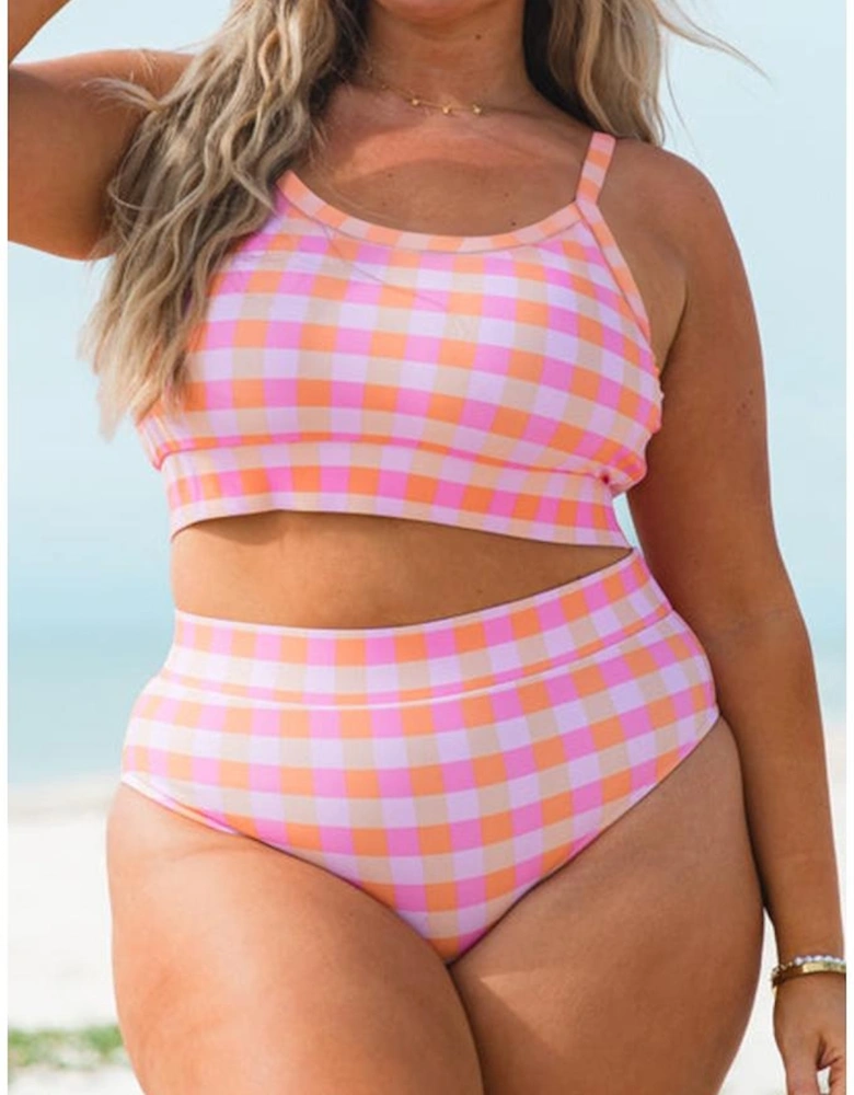 Pink Plus Size Plaid Print High Waist Bikini Set