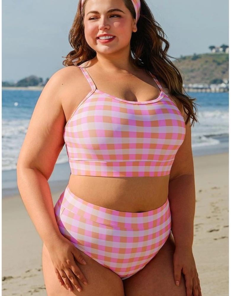 Pink Plus Size Plaid Print High Waist Bikini Set