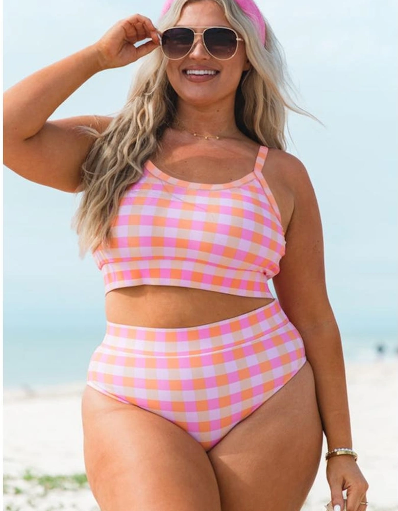 Pink Plus Size Plaid Print High Waist Bikini Set