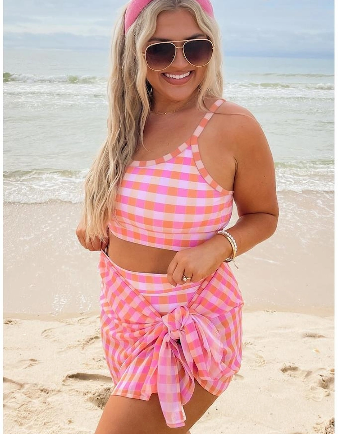 Pink Plus Size Plaid Print High Waist Bikini Set