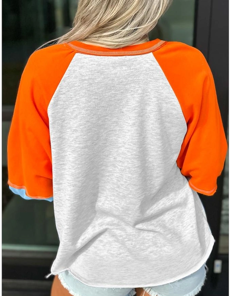 Light Grey HELLO PUMPKIN Patched Graphic Colorblock Bubble Sleeve Raglan Top