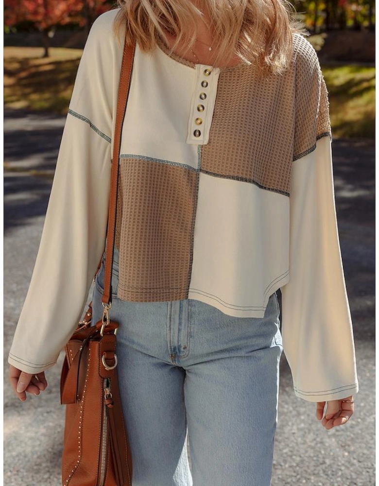 Beige Color Block Waffle Knit Stitch Detail Long Sleeve Top