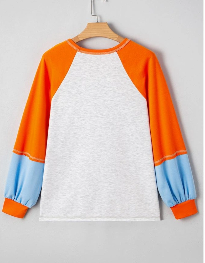 Light Grey HELLO PUMPKIN Patched Graphic Colorblock Bubble Sleeve Raglan Top