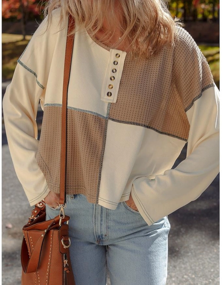 Beige Color Block Waffle Knit Stitch Detail Long Sleeve Top