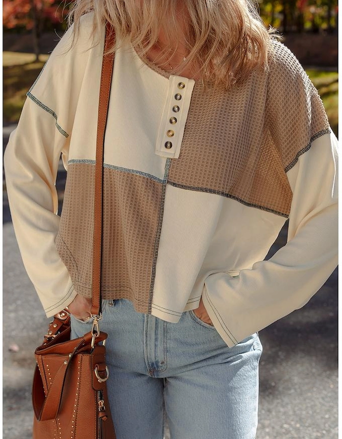 Beige Color Block Waffle Knit Stitch Detail Long Sleeve Top