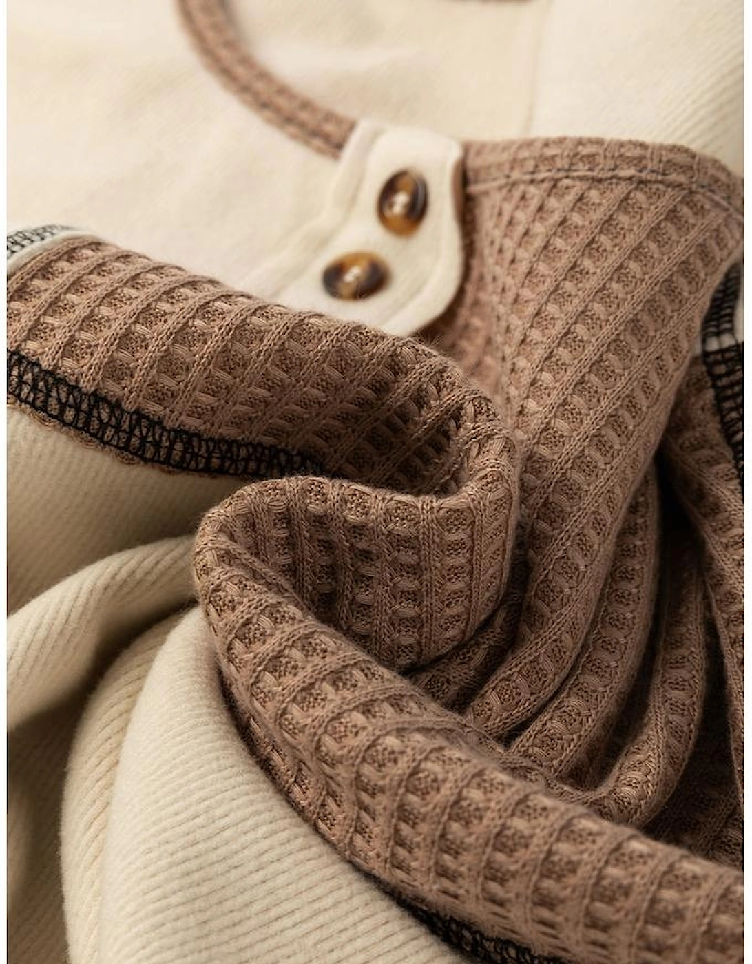 Beige Color Block Waffle Knit Stitch Detail Long Sleeve Top