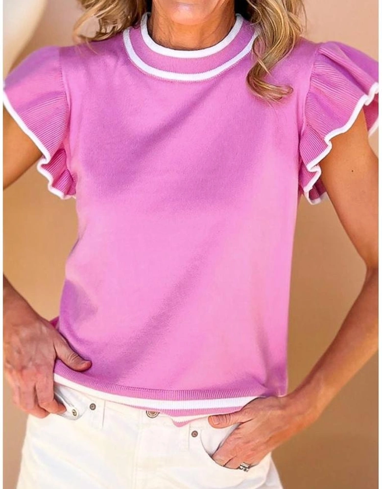 Bonbon Edge Piping Ruffled Sleeve Round Neck Knit Top