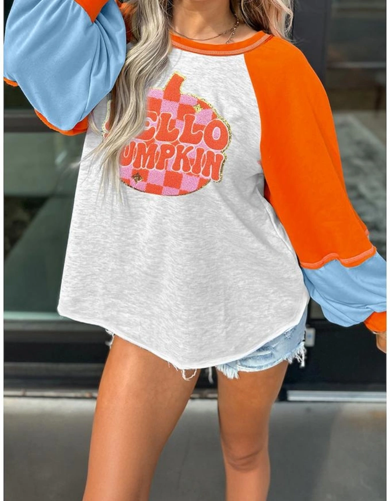 Light Grey HELLO PUMPKIN Patched Graphic Colorblock Bubble Sleeve Raglan Top