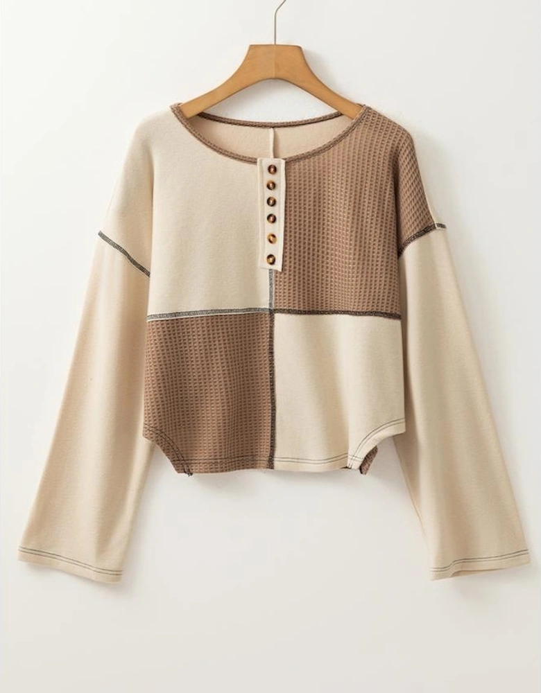 Beige Color Block Waffle Knit Stitch Detail Long Sleeve Top