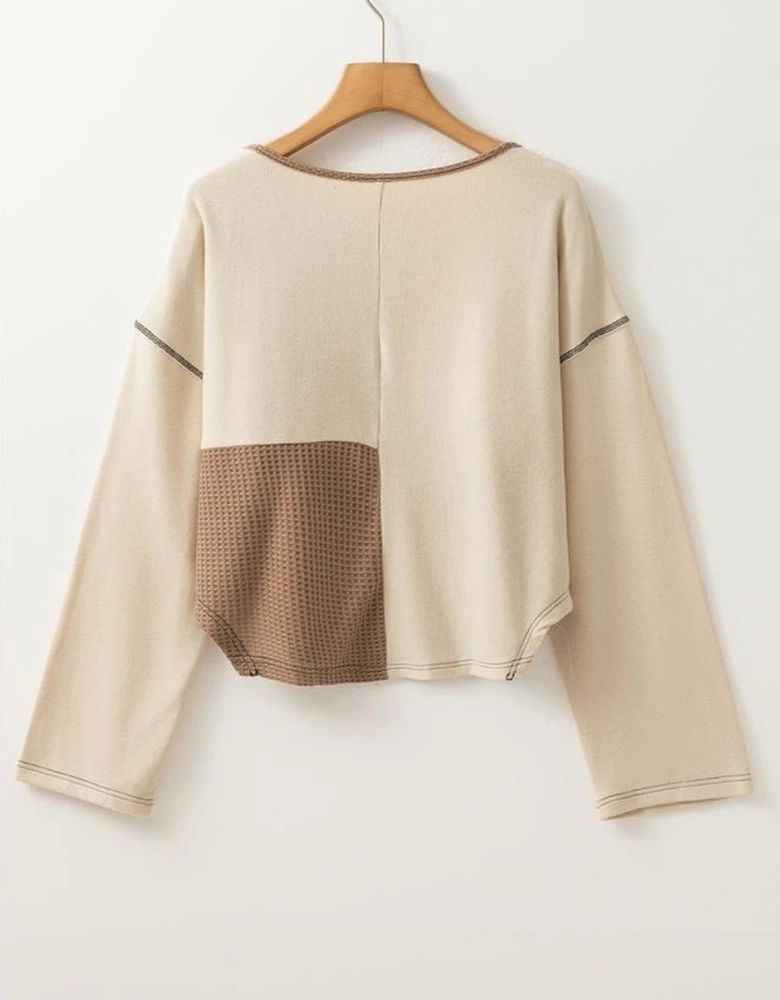 Beige Color Block Waffle Knit Stitch Detail Long Sleeve Top