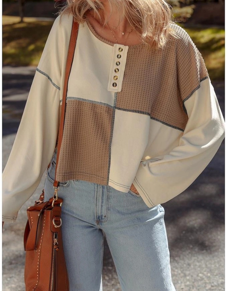Beige Color Block Waffle Knit Stitch Detail Long Sleeve Top