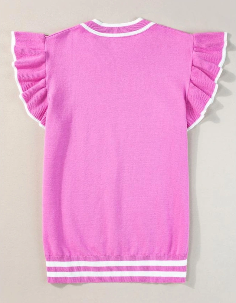 Bonbon Edge Piping Ruffled Sleeve Round Neck Knit Top
