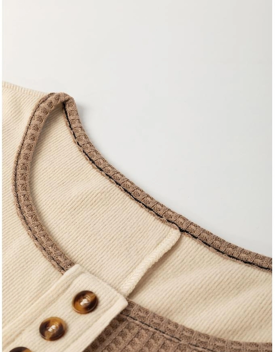 Beige Color Block Waffle Knit Stitch Detail Long Sleeve Top