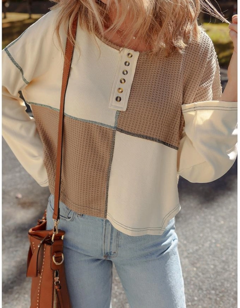 Beige Color Block Waffle Knit Stitch Detail Long Sleeve Top