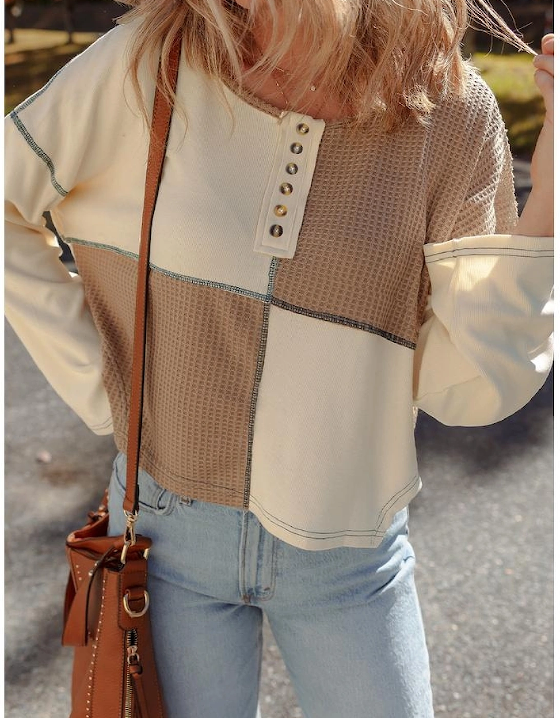 Beige Color Block Waffle Knit Stitch Detail Long Sleeve Top