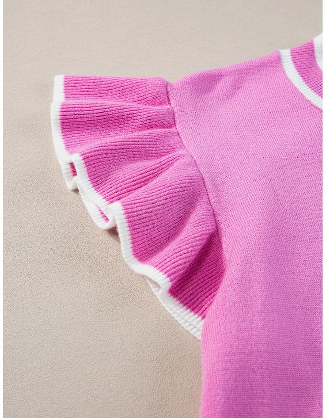 Bonbon Edge Piping Ruffled Sleeve Round Neck Knit Top